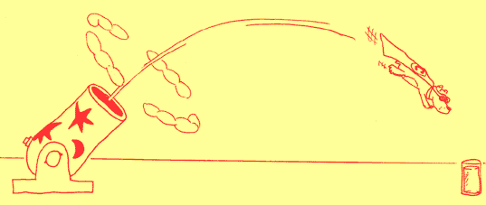 cartoon of dog shooting from cannon